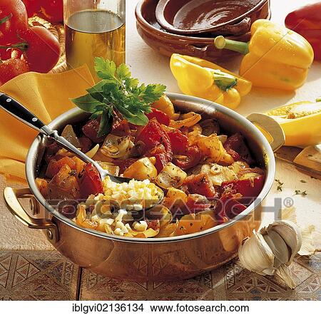 Picture - Majorcan vegetable stew, mixed vegetables with aromatic herbs, Spain, Europe. Fotosearch
