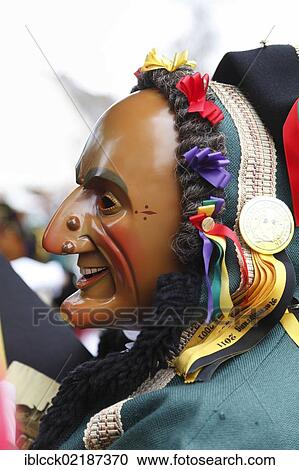 Stock Image - Man dressed up as Schantle, Narrensprung carnival in Rottweil, Rottweiler Fasnet carnival, Swabian-Alemannic carnival, Baden-Wuerttemberg, Germany, Europe. Fotosearch