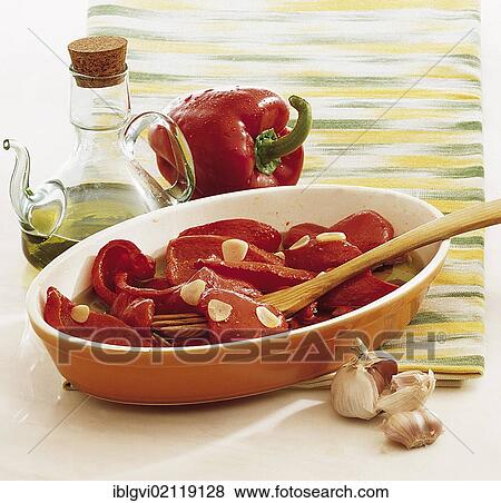 Marinated peppers with garlic, cold starter, Spain, Europe View Large Photo Image Stock Photo - Marinated peppers with garlic, cold starter, Spain, Europe. Fotosearch