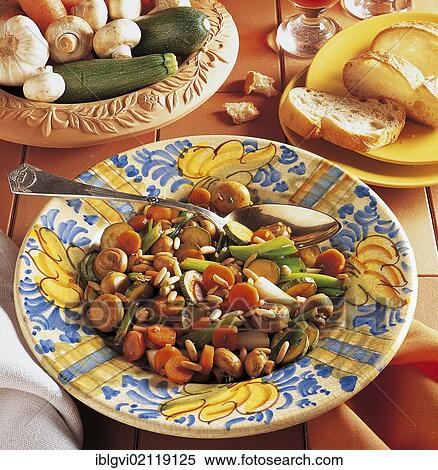 Marinated vegetables with pine nuts, carrots, courgettes, mushrooms and spring onions, steamed, sweet-sour marinade, cold starter, Israel, Asia View Large Photo Image Stock Photography - Marinated vegetables with pine nuts, carrots, courgettes, mushrooms and spring onions, steamed, sweet-sour marinade, cold starter, Israel, Asia. Fotosearch