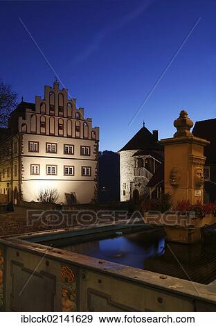 Stock Photo - Market fountain in front of Schloss Vellberg Castle, Buehlertal, Hohenlohe, Swabian-Franconian Forest, Baden-Wuerttemberg, Germany, Europe. Fotosearch