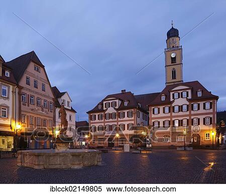 Stock Photography - Marktplatz square with twin houses and the tower of the Cathedral of St. John Baptist, Bad Mergentheim, Tauber, Hohenlohe, Baden-Wuerttemberg, Germany, Europe. Fotosearch