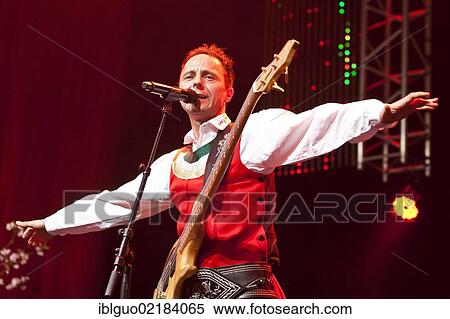 Stock Photography - Markus Unterladstaetter, singer and frontman of the Austrian folk music and pop band "Die jungen Zillertaler" performing live at the Schlager Nacht 2012, pop music event, in Lucerne, Switzerland, Europe. Fotosearch