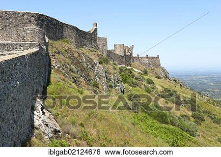 Stock Photograph - Marvao castle, watchtower and view from the ramparts over the Sierra, Alentejo, Portugal, Europe. Fotosearch