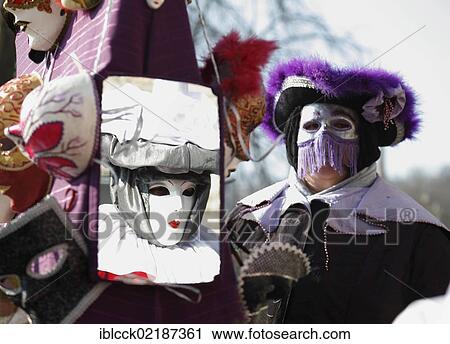 Stock Image - Mask, mirror image of a mask, Hallia Venezia carnival, Schwaebisch Hall, Baden-Wuerttemberg, Germany, Europe. Fotosearch