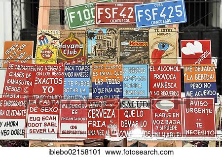 Stock Image - Metal signs, license plates, souvenirs, Cienfuegos, Cuba, Greater Antilles, Caribbean, Central America, America, North America. Fotosearch