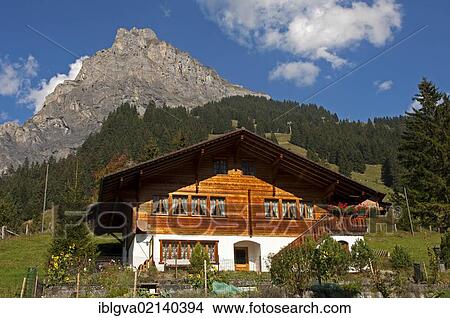 Picture - Modern home in the Swiss chalet-style at the foot of a mountain, Kandersteg, Bernese Oberland, Switzerland, Europe. Fotosearch