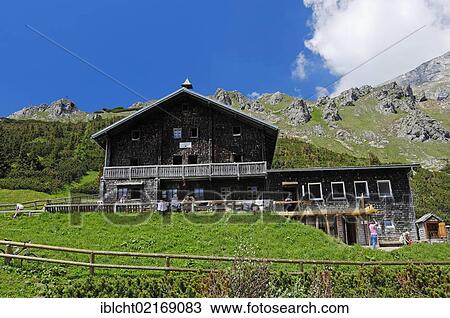 Stock Image - Mountain hut, Carl v. Stahl House, Berchtesgaden National Park, Berchtesgadener Land, Bavaria, Germany, Europe, PublicGround, Europe. Fotosearch