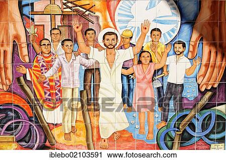 Stock Image - Mural, wall tiles, Catholic church, Olvera Street, Los Angeles, California, USA, North America. Fotosearch