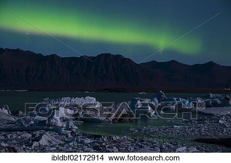 Northern lights over the glacier lagoon of Joekulsárlón, Vatnajoekull Glacier, Austurland, East Iceland, Iceland, Europe View Large Photo Image Picture - Northern lights over the glacier lagoon of Joekulsárlón, Vatnajoekull Glacier, Austurland, East Iceland, Iceland, Europe. Fotosearch