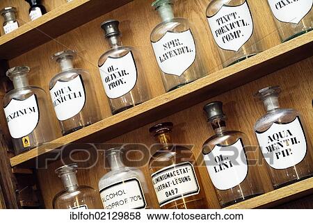 Old glass bottles for medicinal ingredients in a pharmacy, Dortmund, North Rhine-Westphalia, Germany, Europe View Large Photo Image Stock Photo - Old glass bottles for medicinal ingredients in a pharmacy, Dortmund, North Rhine-Westphalia, Germany, Europe. Fotosearch