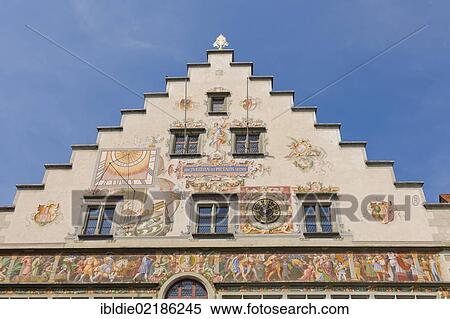 Stock Photography - Old town hall with a stepped gable and a sundial, mural paintings, Lindau, Baden-Wuerttemberg, southern Germany, Germany, Europe. Fotosearch
