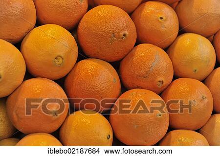 Picture - Oranges, stacked at a weekly market, Madrid, Spain, Europe. Fotosearch