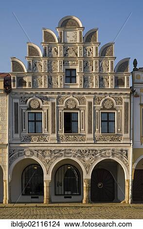 Ornate facade in Telč, Telc, Teltsch, UNESCO World Heritage Site, southern Moravia, Czech Republic, Europe View Large Photo Image Picture - Ornate facade in Telč, Telc, Teltsch, UNESCO World Heritage Site, southern Moravia, Czech Republic, Europe. Fotosearch