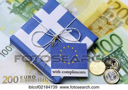 Package wrapped in a Greek flag with a greeting card from the EU, symbolic image of the aid package for Greece View Large Photo Image Stock Photo - Package wrapped in a Greek flag with a greeting card from the EU, symbolic image of the aid package for Greece. Fotosearch