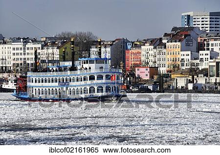 Stock Photography - Paddle steamer in the winter port of Hamburg, Hamburg, Germany, Europe. Fotosearch