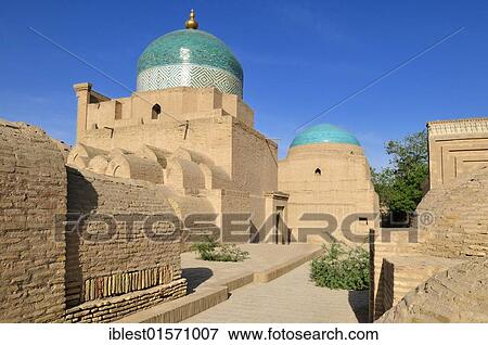 Stock Photo - Pahlavan Mahmud Complex in the historic adobe town of Khiva, Chiva, Ichan Kala, Silk Road, Unesco World Heritage Site, Uzbekistan, Central Asia, Asia. Fotosearch