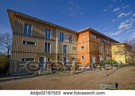 Stock Image - Passive house, Vauban district, Freiburg im Breisgau, Baden-Wuerttemberg, Germany, Europe. Fotosearch