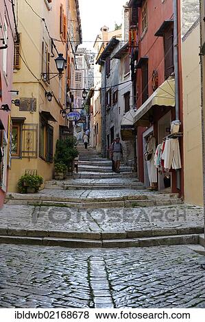 Paved alleyway with steps, Rovinj, Istria, Croatia, Europe View Large Photo Image Stock Photo - Paved alleyway with steps, Rovinj, Istria, Croatia, Europe. Fotosearch