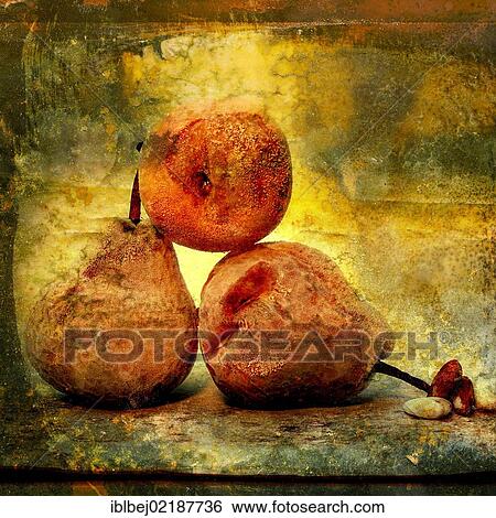 Stock Photograph - Pears and peach, vintage look. Fotosearch