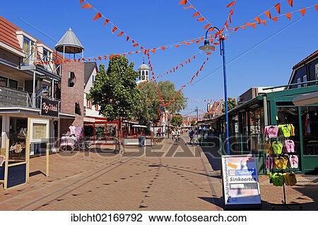 Stock Image - Pedestrian zone in De Koog, Texel, The Netherlands, Europe, PublicGround, Europe. Fotosearch