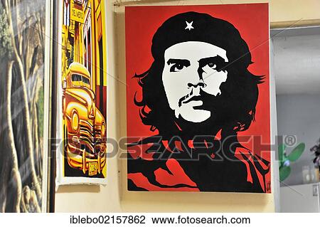 Stock Image - Picture of Ernesto "Ché" Guevara, picture sale, poster, oil paintings, gallery, town centre of Havana, Centro Habana, Cuba, Greater Antilles, Caribbean, Central America, America, North America. Fotosearch