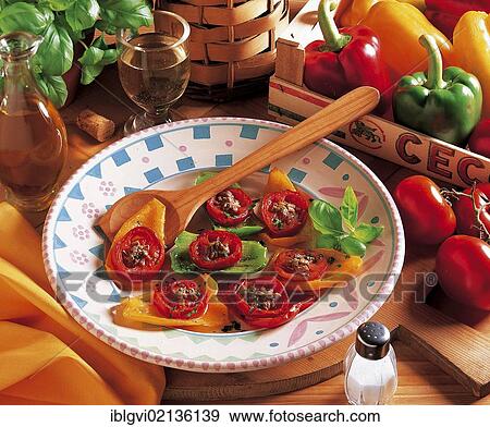 Stock Photo - Piedmont peppers with tomato, anchovy fillets and vegetables, Italy, Europe. Fotosearch