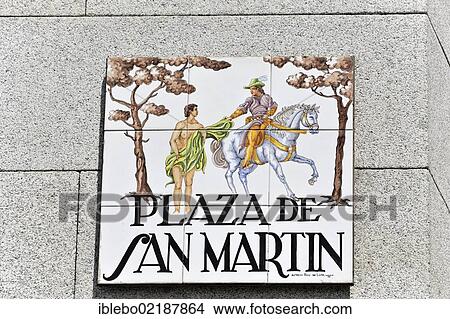 Picture - Plaza de San Martin, street sign made of tiles, Madrid, Spain, Europe. Fotosearch