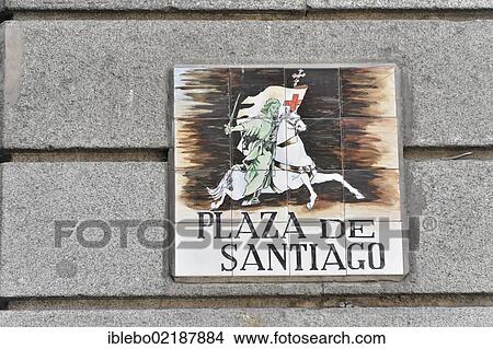 Plaza de Santiago, street sign made of tiles, Madrid, Spain, Europe View Large Photo Image Picture - Plaza de Santiago, street sign made of tiles, Madrid, Spain, Europe. Fotosearch