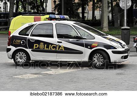 Stock Photograph - Policia, police car, city centre, Madrid, Spain, Europe. Fotosearch
