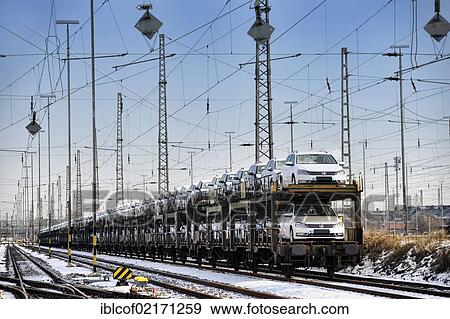 Stock Photo - Port railway, freight train loaded with cars, Hamburg, Germany, Europe. Fotosearch