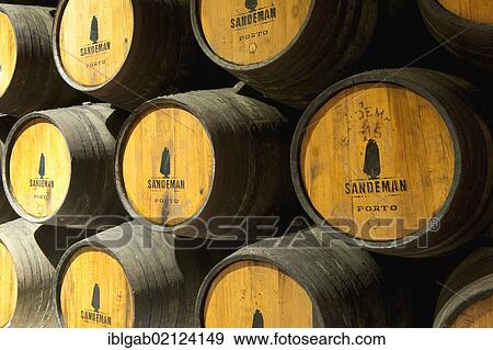 Stock Photo - Porto casks, Sandeman storehouse, Vila Nova de Gaia, Porto, Portugal, Europe. Fotosearch