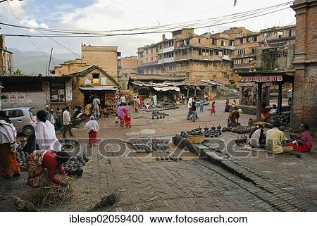 Stock Image - Pottery ware in a historic street, Bhaktapur, Kathmandu Valley, Nepal, Asia. Fotosearch