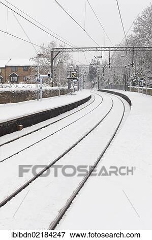 Stock Photo - Railway lines in snowy conditions, England, United Kingdom, Europe. Fotosearch