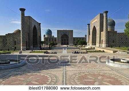 Stock Image - Registan Square in Samarkand, Unesco World Heritage Site, Silk Road, Uzbekistan, Central Asia, Asia. Fotosearch