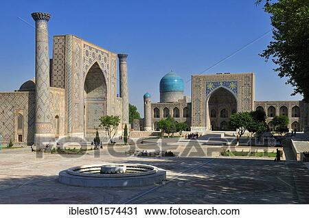 Stock Image - Registan Square with Ulugh Beg and Tilya Kori Madrasah, Samarkand, Unesco World Heritage Site, Silk Road, Uzbekistan, Central Asia, Asia. Fotosearch
