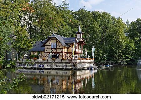 Stock Photography - Restaurant Schwanenschloesschen, Kreuzteich pond, Freiberg, Saxony, Germany, Europe. Fotosearch
