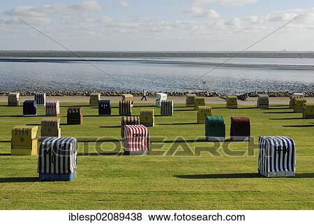 Stock Photo - Roofed wicker beach chairs standing on a lawn, beach, Buesum, district of Dithmarschen, Schleswig-Holstein, North Sea, Wadden Sea, Germany, Europe, PublicGround, Europe. Fotosearch