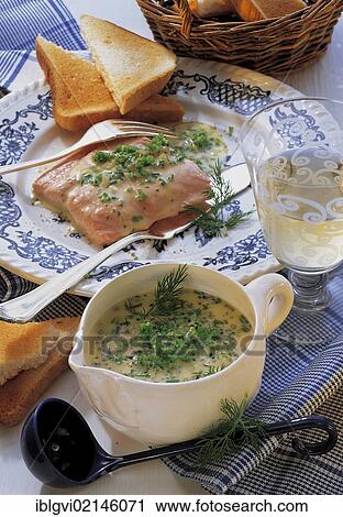 Stock Image - Scandinavian Sandefjord butter with cream with chives, Norway, Europe. Fotosearch