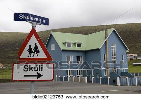 Stock Image - School with a warning sign, Faroe Islands, island group in the North Atlantic, Denmark, Northern Europe, Europe. Fotosearch
