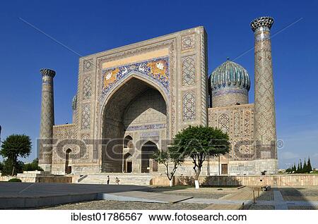 Stock Photo - Sher Dor Madrasah, Registan Square in Samarkand, Unesco World Heritage Site, Silk Road, Uzbekistan, Central Asia, Asia. Fotosearch