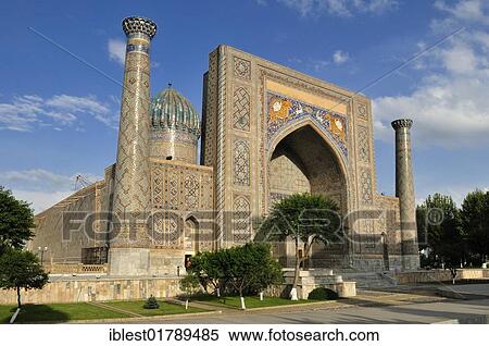 Stock Photography - Sher Dor Madrasah, Registan Square in Samarkand, Unesco World Heritage Site, Silk Road, Uzbekistan, Central Asia, Asia. Fotosearch