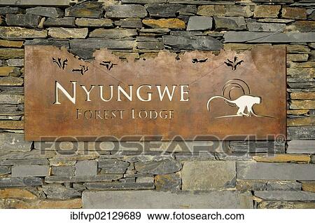 Stock Photo - Sign at the entrance to the Nyungwe Forest Lodge, Nyungwe National Park, Rwanda, Africa. Fotosearch