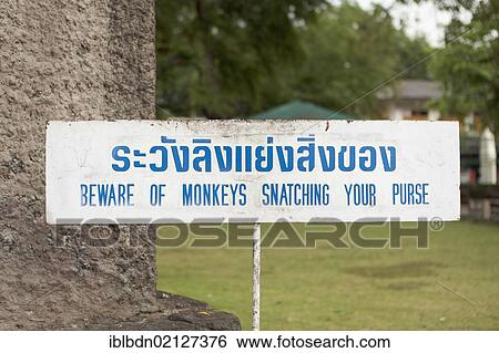 Stock Photograph - Sign warning against monkeys outside of the Sarn Phra Karn shrine in central Lopburi, Thailand, Asia. Fotosearch