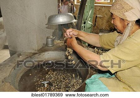 Stock Photo - Silk production, Usbek woman cooking silkworm cocoons, Silk Road, Fergana Valley, Uzbekistan, Central Asia, Asia. Fotosearch