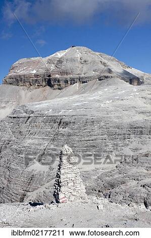 Stock Image - Stone column, view from Sass Pordoi Mountain, 2925 m, towards Piz Boé Mountain, 3152 m, Sella Group, Dolomites, Italy, Europe. Fotosearch