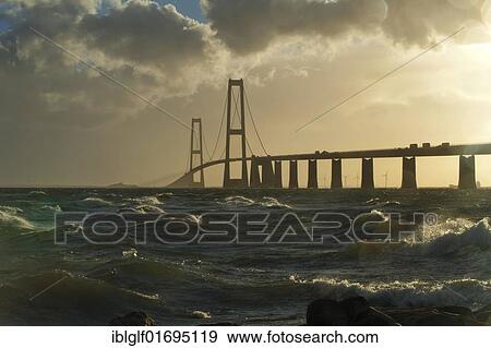 Stock Photo - Store Belt, Great Belt Bridge in heavy surf, Nyborg, Korsor, South Denmark, Denmark, Europe. Fotosearch