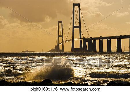 Stock Photograph - Store Belt, Great Belt Bridge in heavy surf, Nyborg, Korsor, South Denmark, Denmark, Europe. Fotosearch