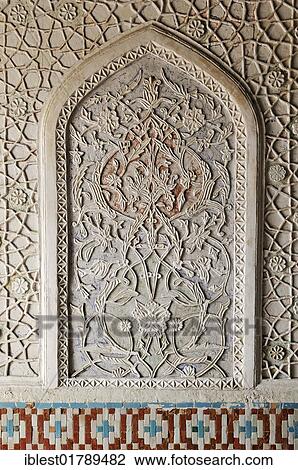 Stock Image - Stucco decoration at Emir Khudayar Khan Palace, Kokand, Khoqand, Fergana Valley, Silk Road, Uzbekistan, Central Asia, Asia. Fotosearch