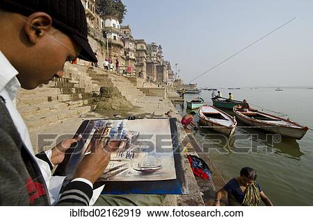 Student painting the ghats in Varanasi, Uttar Pradesh, India, Asia View Large Photo Image Stock Photo - Student painting the ghats in Varanasi, Uttar Pradesh, India, Asia. Fotosearch